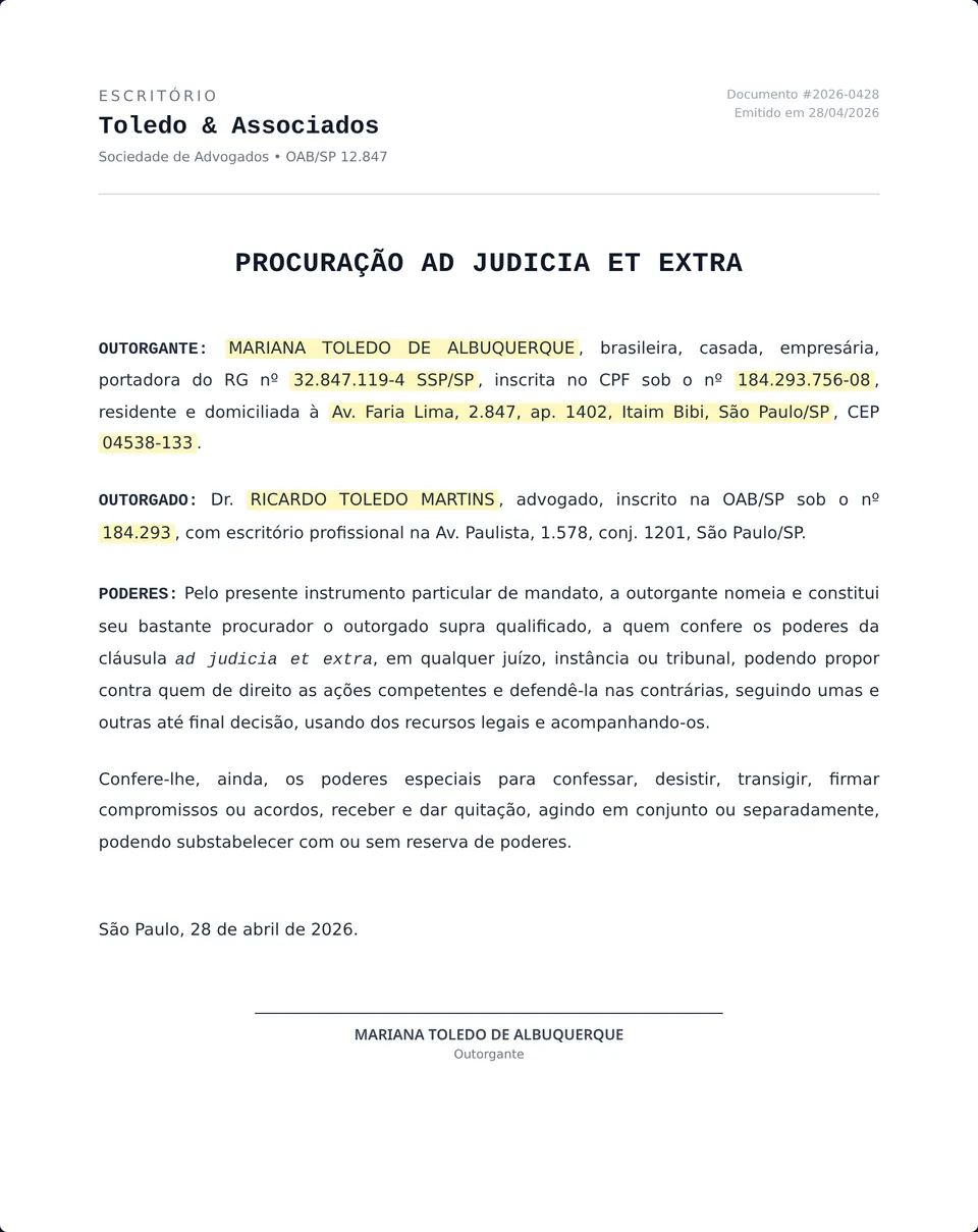 Procuração ad judicia gerada automaticamente com dados do cliente Mariana Toledo destacados
